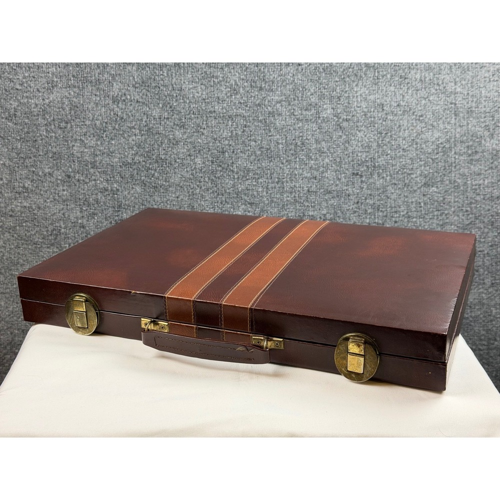 Vintage Backgammon Complete Set W/ Travel Leather Briefcase Case Marbled Chips